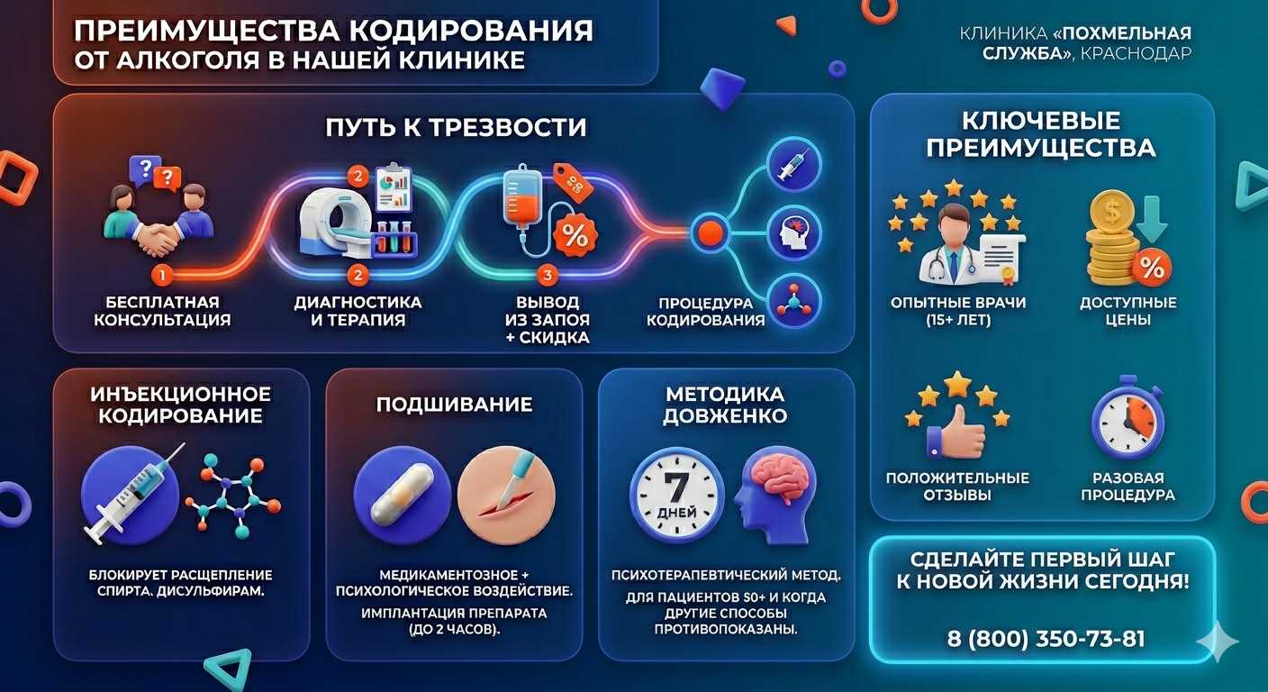 Инфографика о методах кодирования от алкоголя в Погаре: инъекции, подшивание, метод Довженко. Преимущества клиники и этапы лечения.